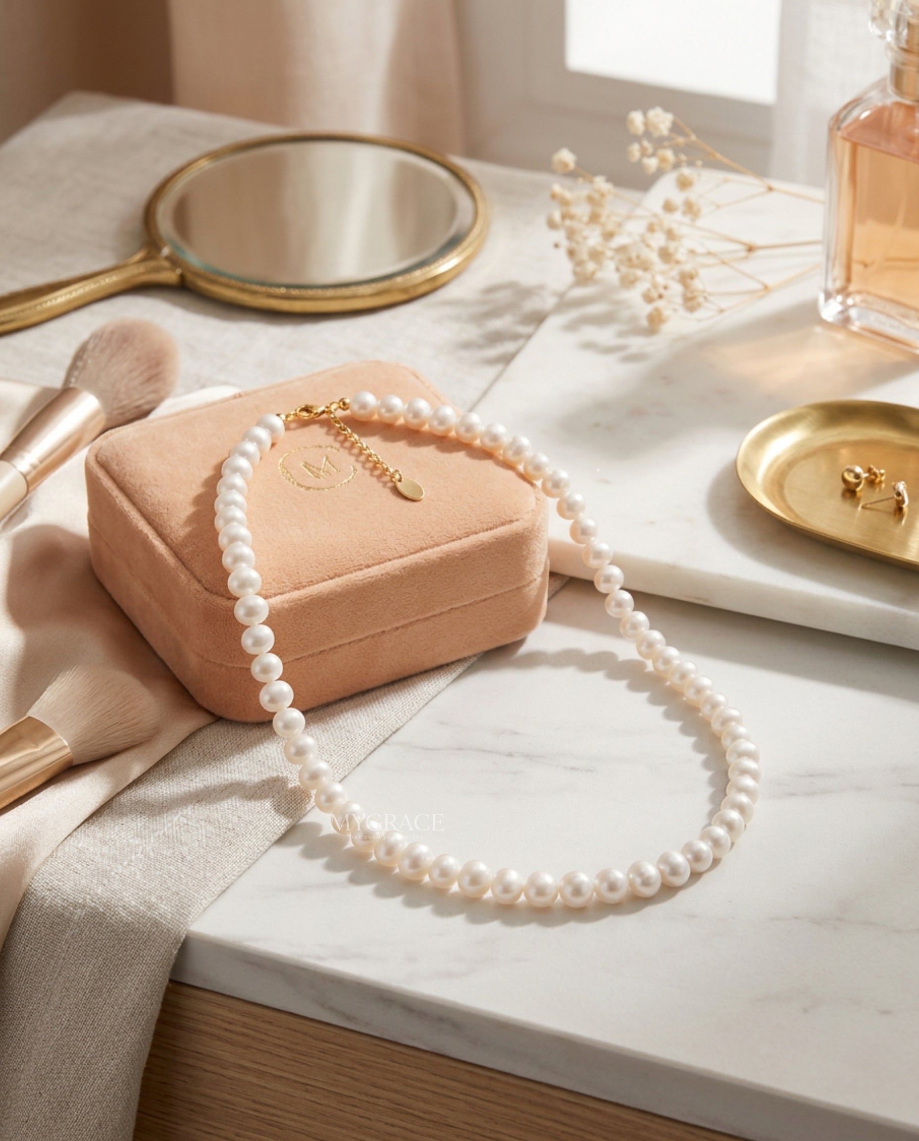 Colier perle naturale și argint 925, alb, la baza gâtului, 6-7 mm (perle potato), MYGRACE