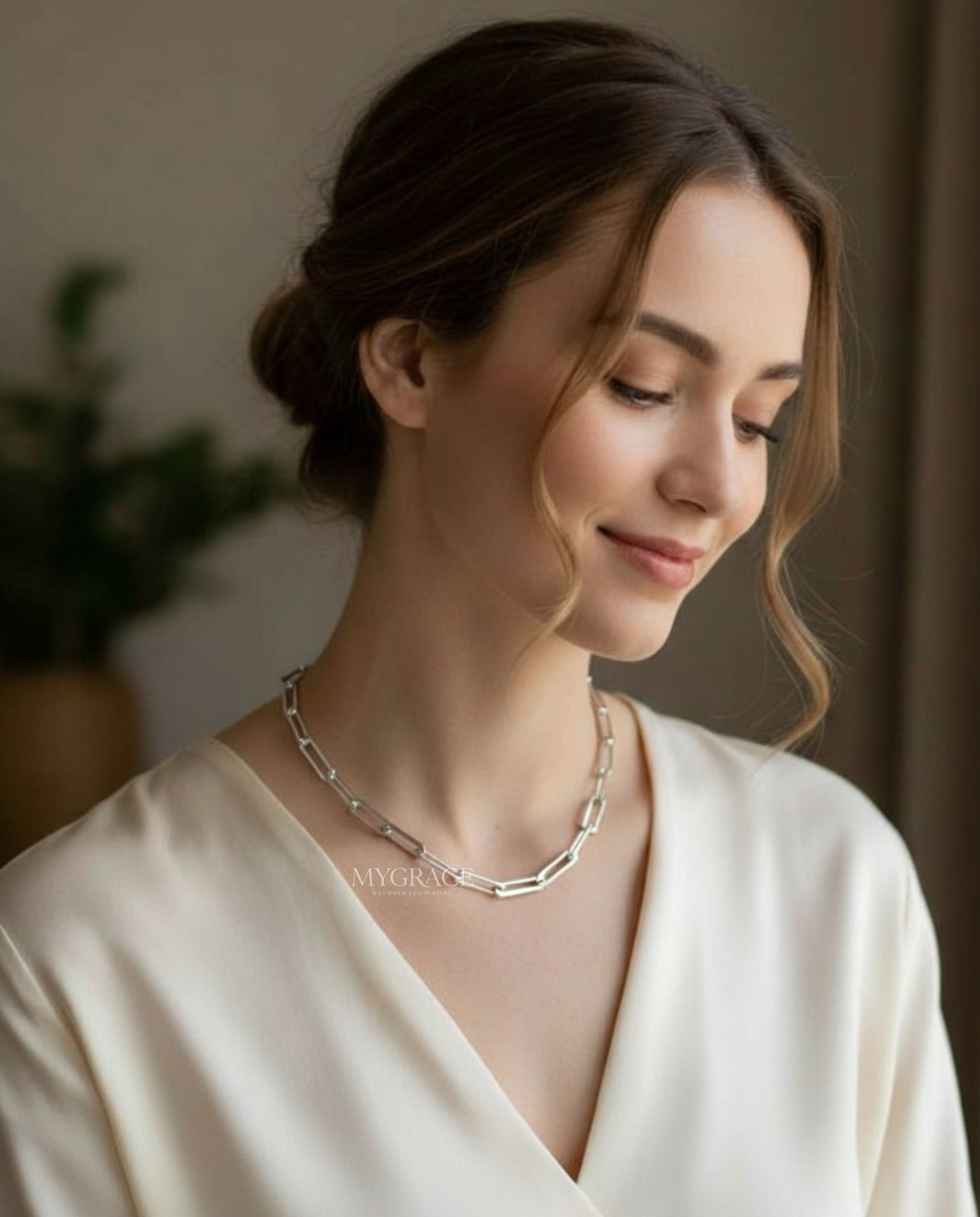 Colier argint 925 zale, Paperclip, argintiu, placat cu rodiu, 3 mm, MYGRACE