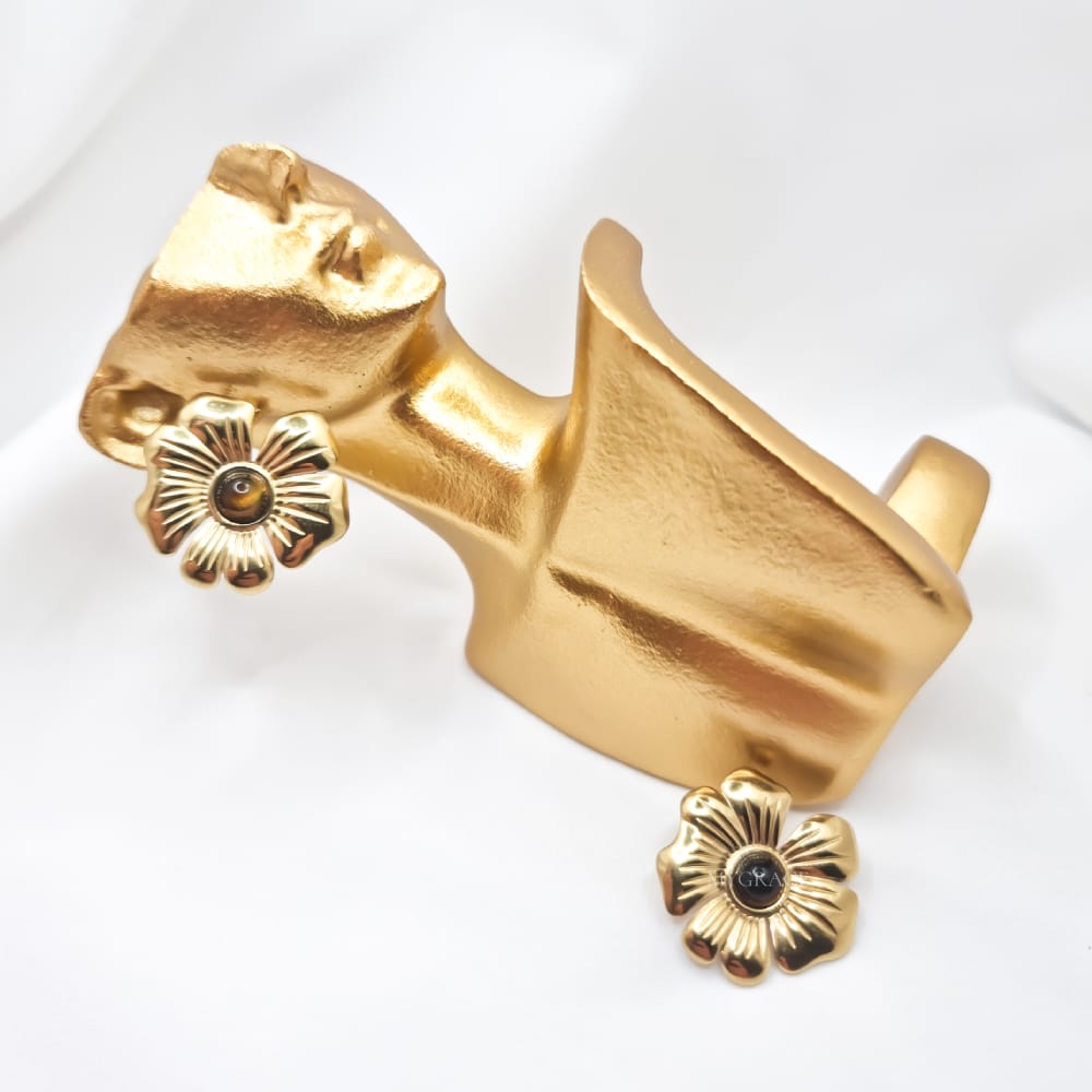 Cercei Stud ”Be stylish”, aurii, în formă de floare, decorați cu pietre, din oțel inoxidabil