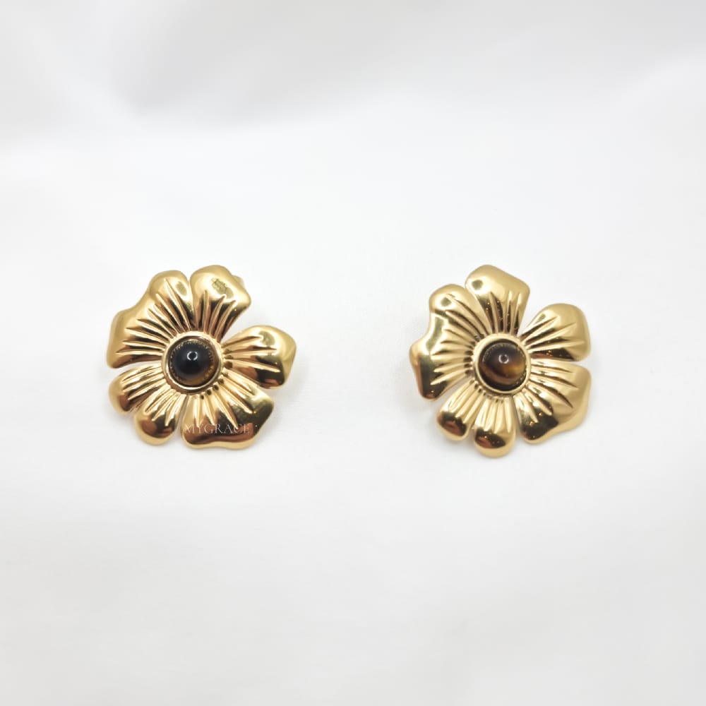 Cercei Stud ”Be stylish”, aurii, în formă de floare, decorați cu pietre, din oțel inoxidabil