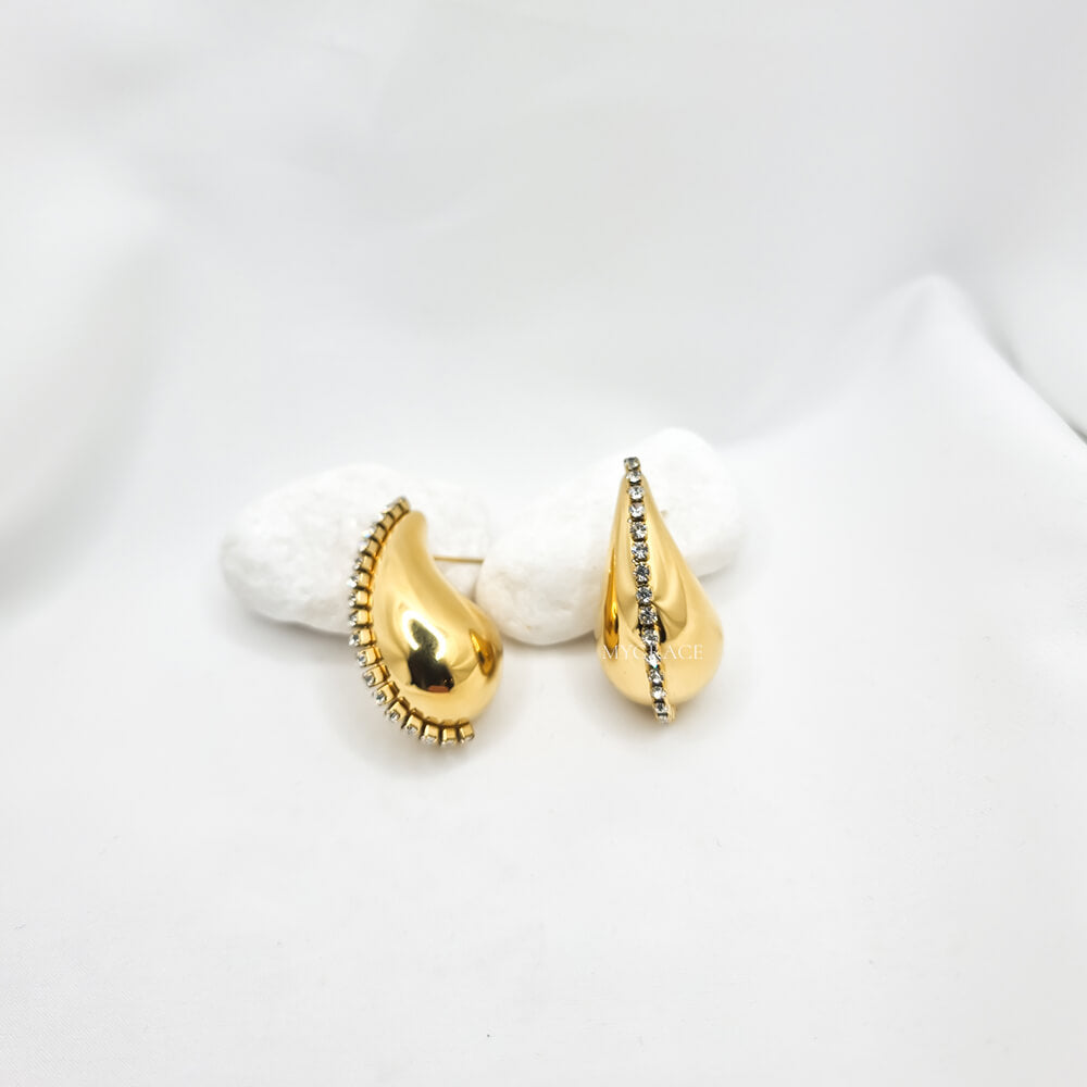 Cercei Stud ”Be stylish”, aurii, model lacrimă/picătură, oțel inoxidabil, placați cu aur 18K și decorați cu zirconiu