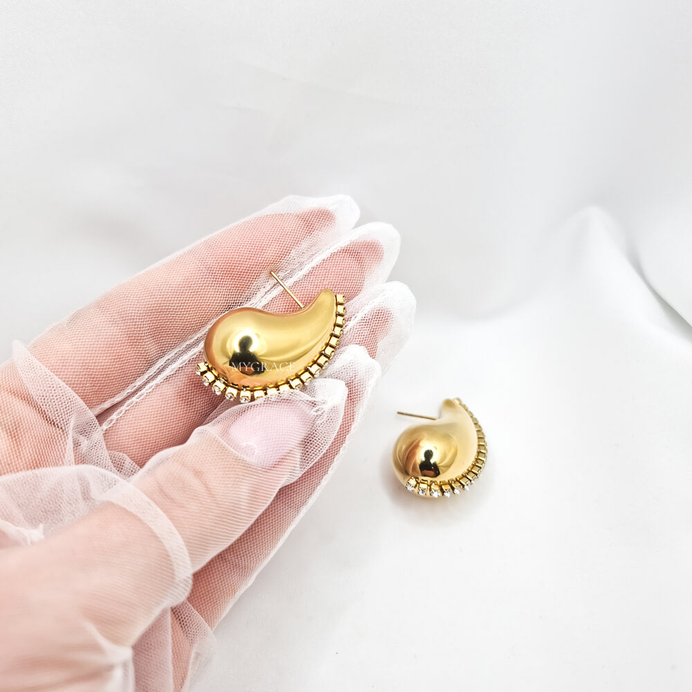 Cercei Stud ”Be stylish”, aurii, model lacrimă/picătură, oțel inoxidabil, placați cu aur 18K și decorați cu zirconiu
