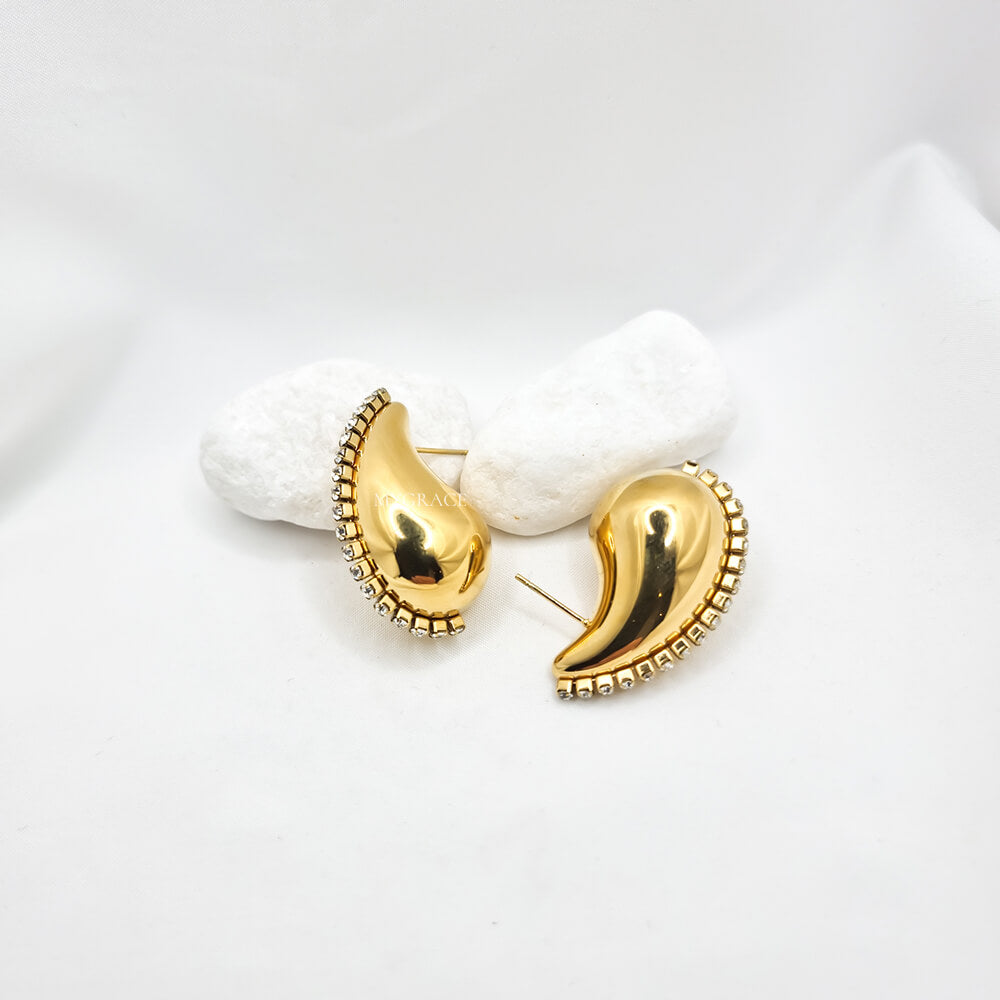 Cercei Stud ”Be stylish”, aurii, model lacrimă/picătură, oțel inoxidabil, placați cu aur 18K și decorați cu zirconiu