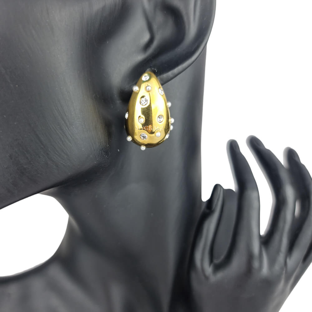 Cercei Stud ”Be stylish”, aurii, model lacrimă/picătură, oțel inoxidabil, placați cu aur 18K și decorați cu zirconiu și perluțe