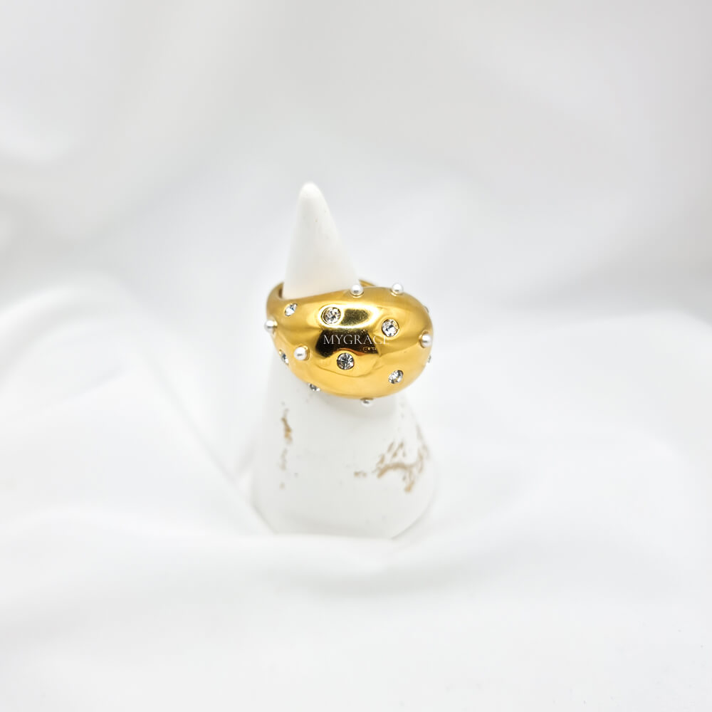 Inel oțel inoxidabil ”Be stylish”, model lacrimă/picătură, oțel inoxidabil, placat cu aur 18K și decorat cu zirconiu și perluțe