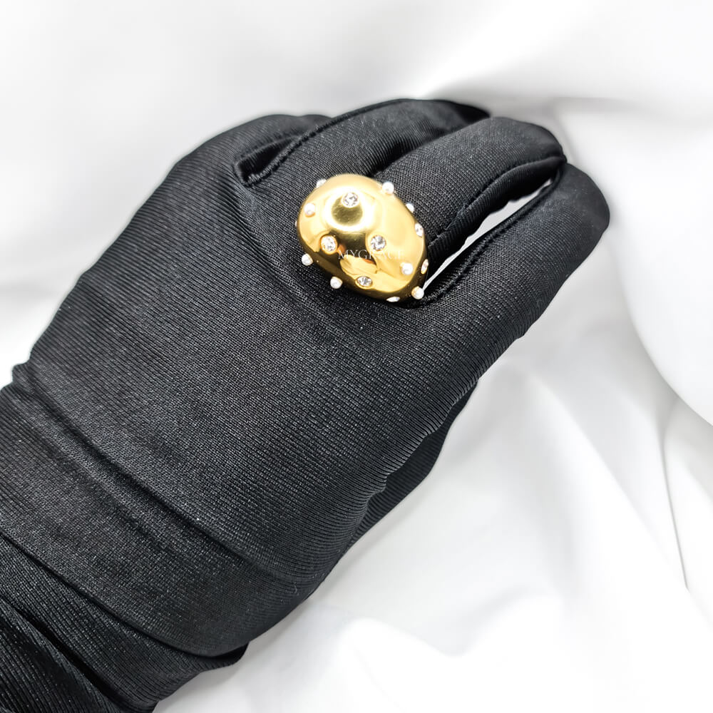 Inel oțel inoxidabil ”Be stylish”, model lacrimă/picătură, oțel inoxidabil, placat cu aur 18K și decorat cu zirconiu și perluțe