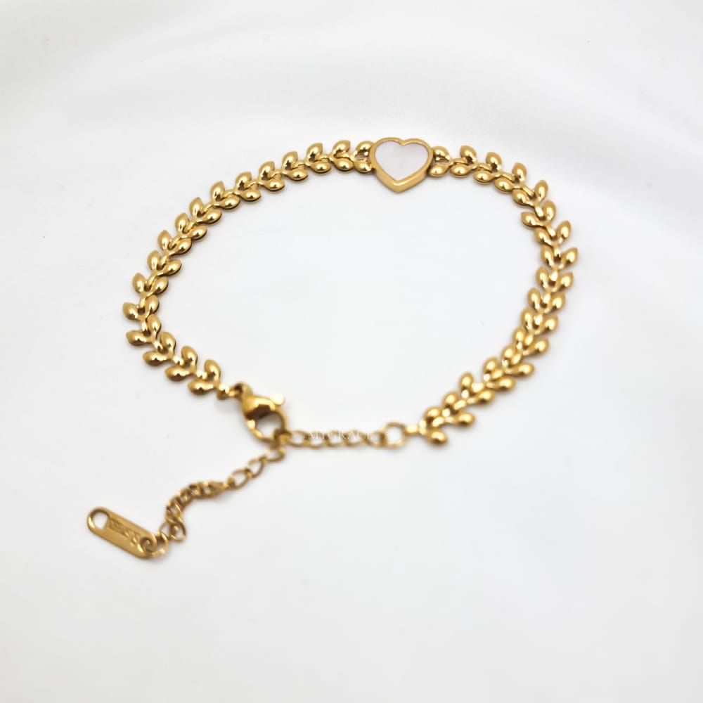Brățară oțel inoxidabil ”Be lovely”, aurie, model frunze, decorată cu inimioară