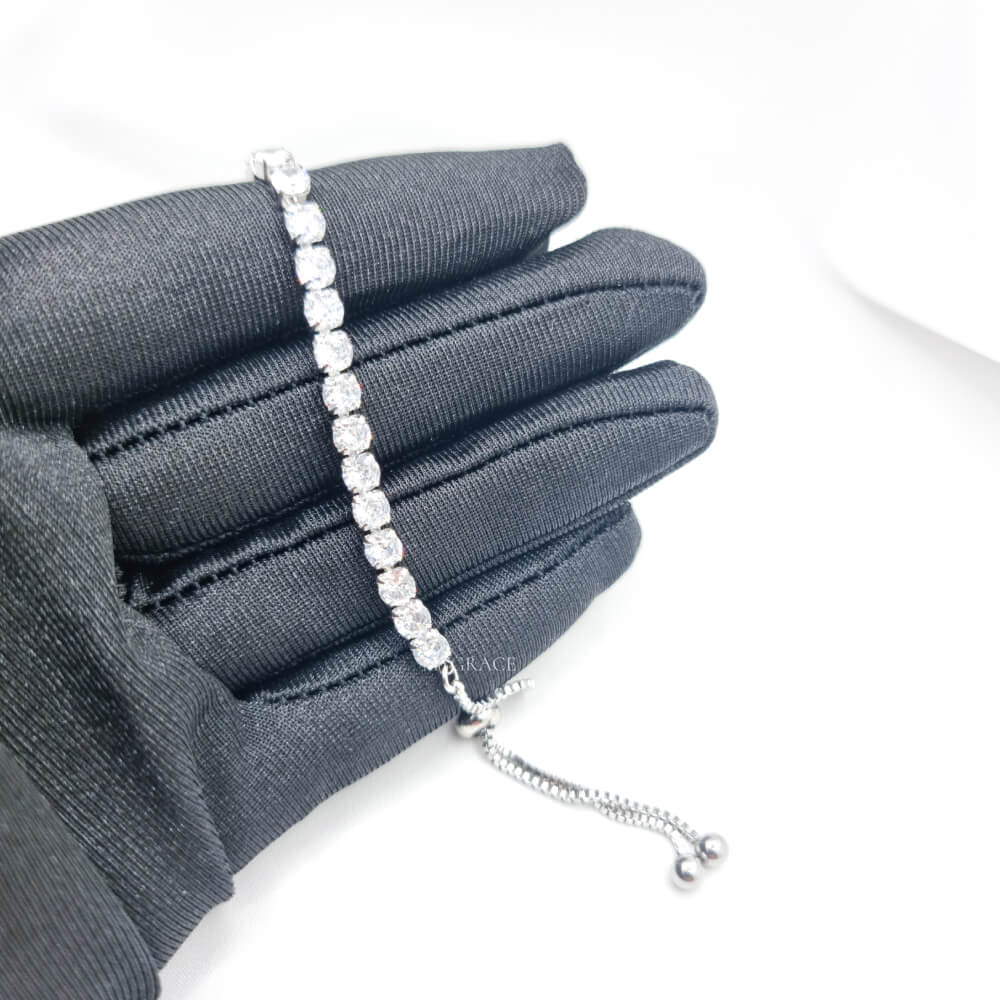 Brățară tennis inox ”Suavity”, argintie, cu zirconiu, placată cu aur 18K, reglabilă (4 mm)
