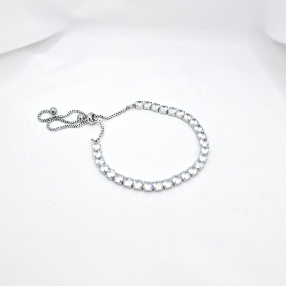 Brățară tennis inox ”Suavity”, argintie, cu zirconiu, placată cu aur 18K, reglabilă (4 mm)
