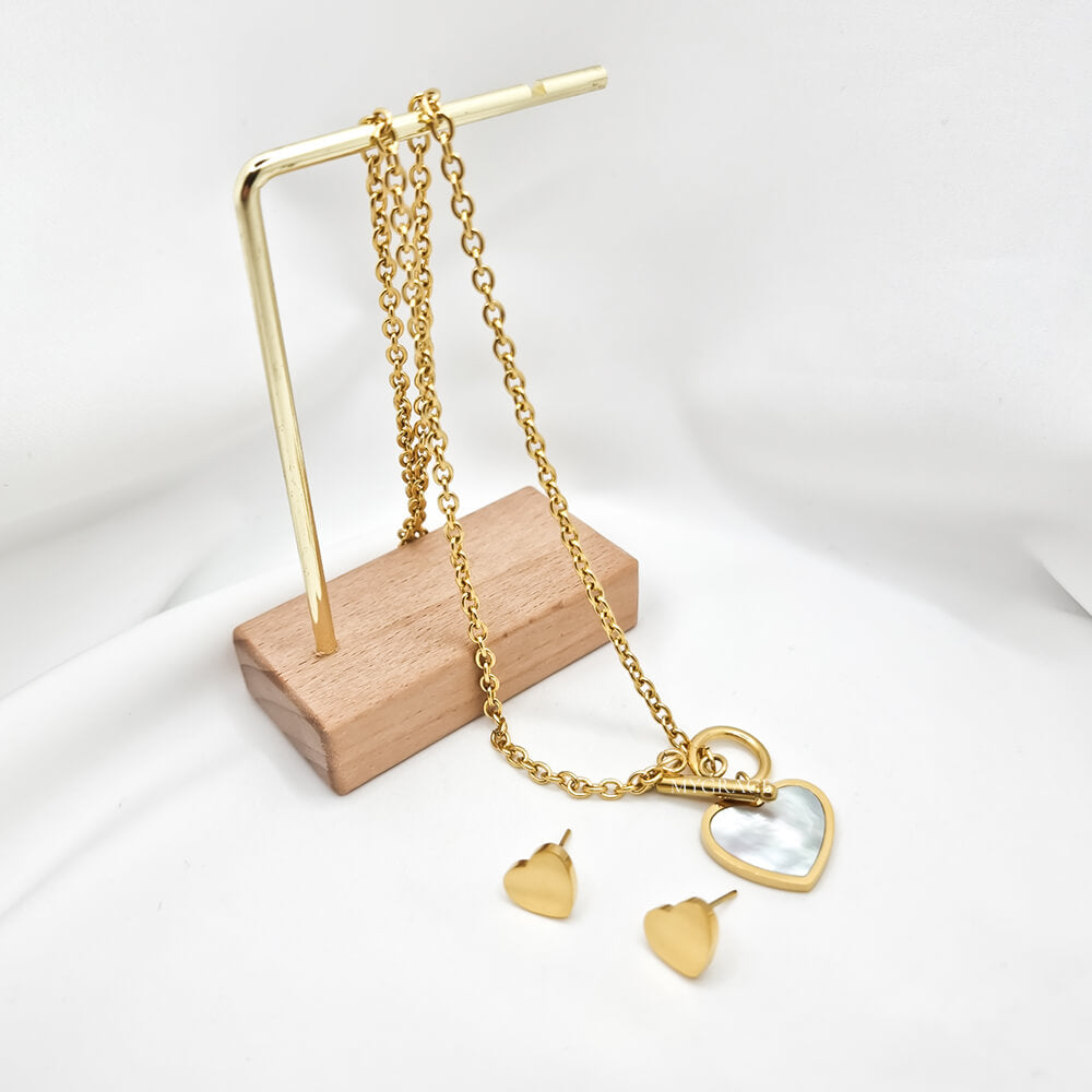 Set colier și cercei Stud ”Be caring”, auriu, model inimioare, din oțel inoxidabil