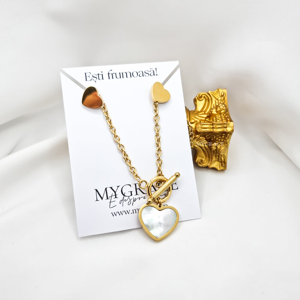 Set colier și cercei Stud ”Be caring”, auriu, model inimioare, din oțel inoxidabil