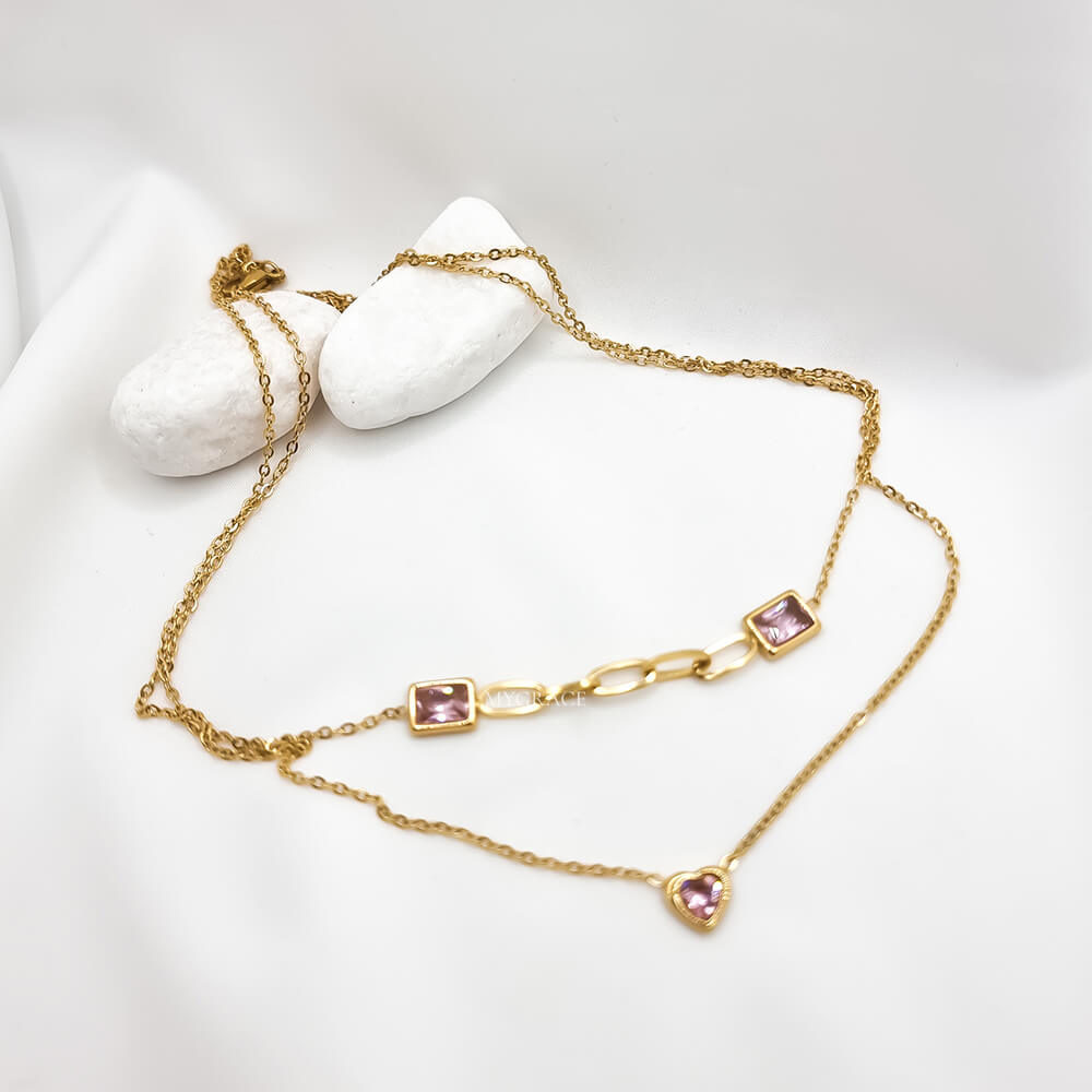 Set colier și cercei Drop ”Be adorable”, auriu, model inimioare, din oțel inoxidabil, placat cu aur 18K și zirconiu roz
