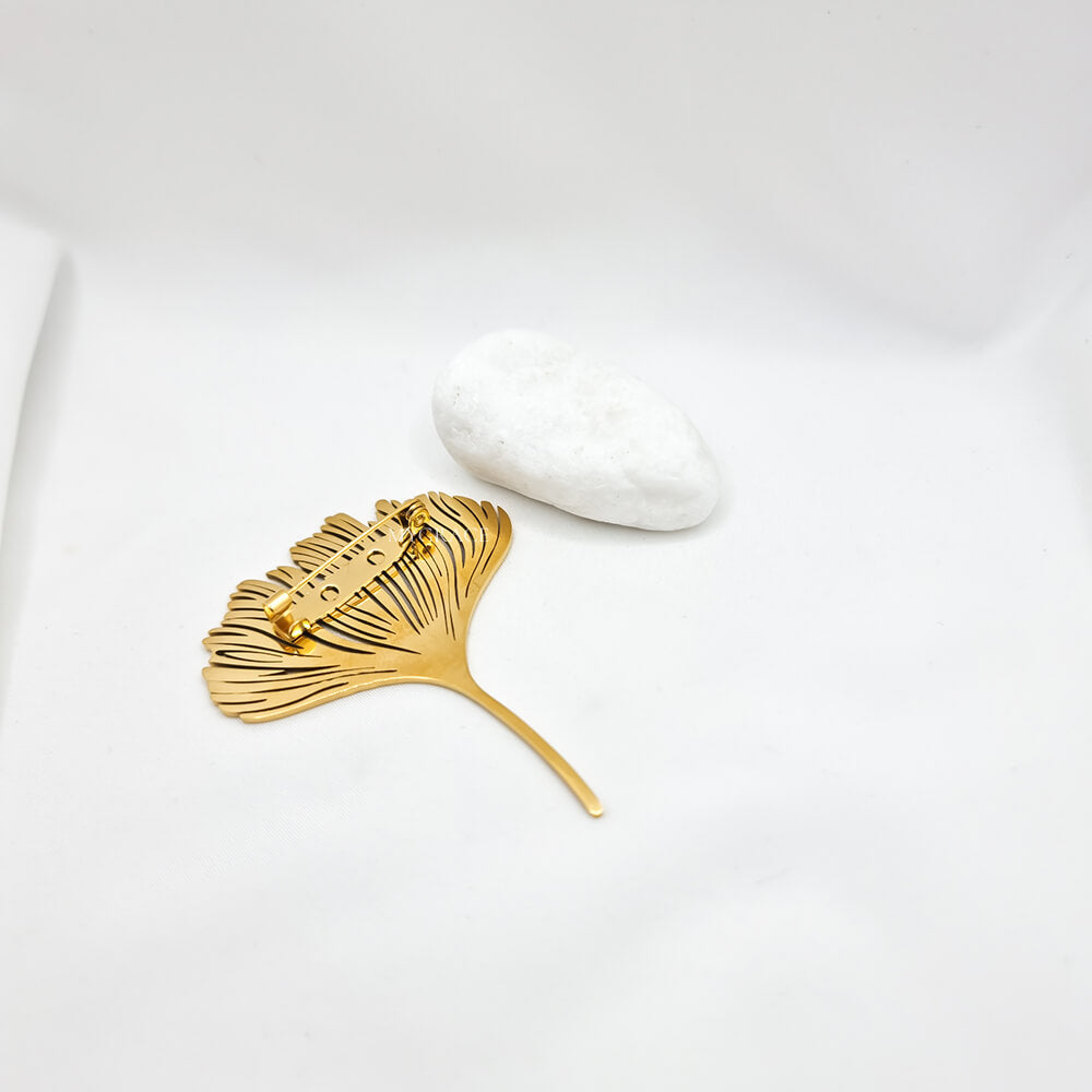 Broșă aurie, placată cu aur, model frunză Ginkgo biloba, oțel inoxidabil