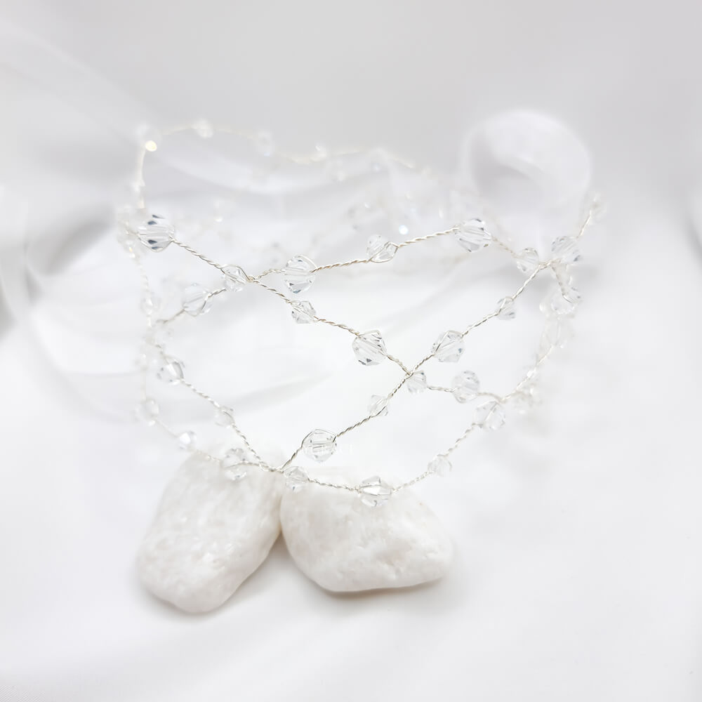 Accesoriu păr mireasă ”Be fascinating”, argintiu, decorat cu cristale transparente, tip coroniță/diademă flexibilă (modelatoare), model plasă