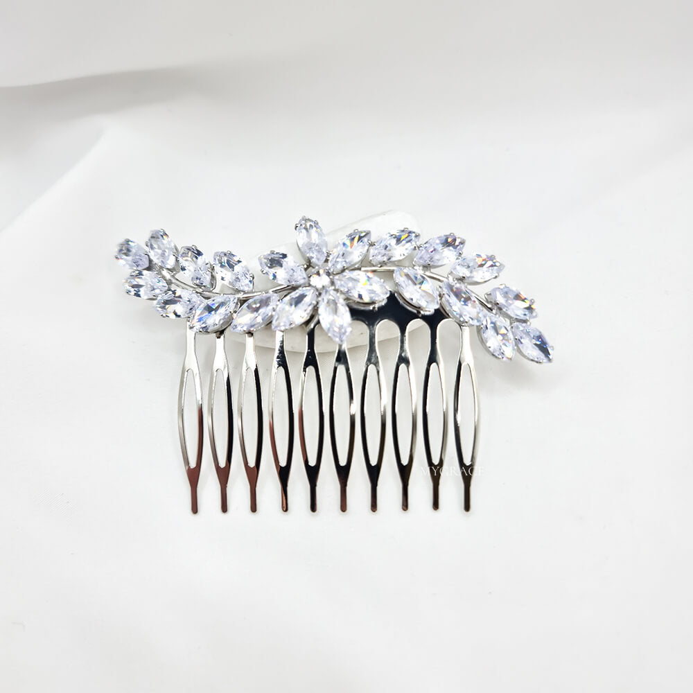 Accesoriu păr mireasă ”Be exquisite”, argintiu, tip pieptăn, decorat cu zirconiu, model floare