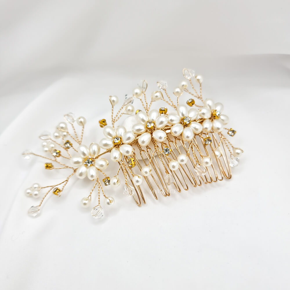 Accesoriu păr mireasă ”Be natural”, ivoire/auriu, tip pieptăn, decorat cu perluțe și pietricele, model floral