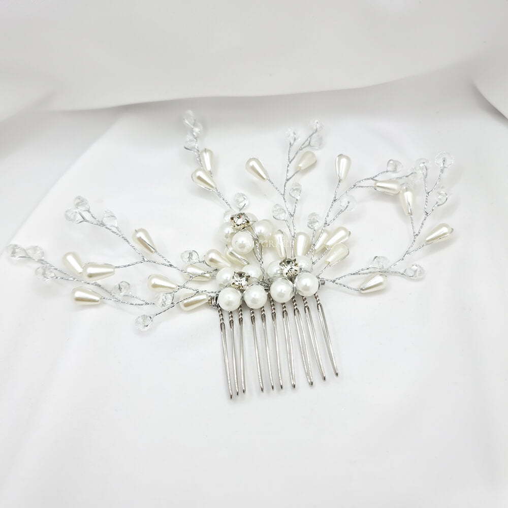 Accesoriu păr mireasă ”Be soft”, alb, tip pieptăn, decorat cu perluțe, model floral