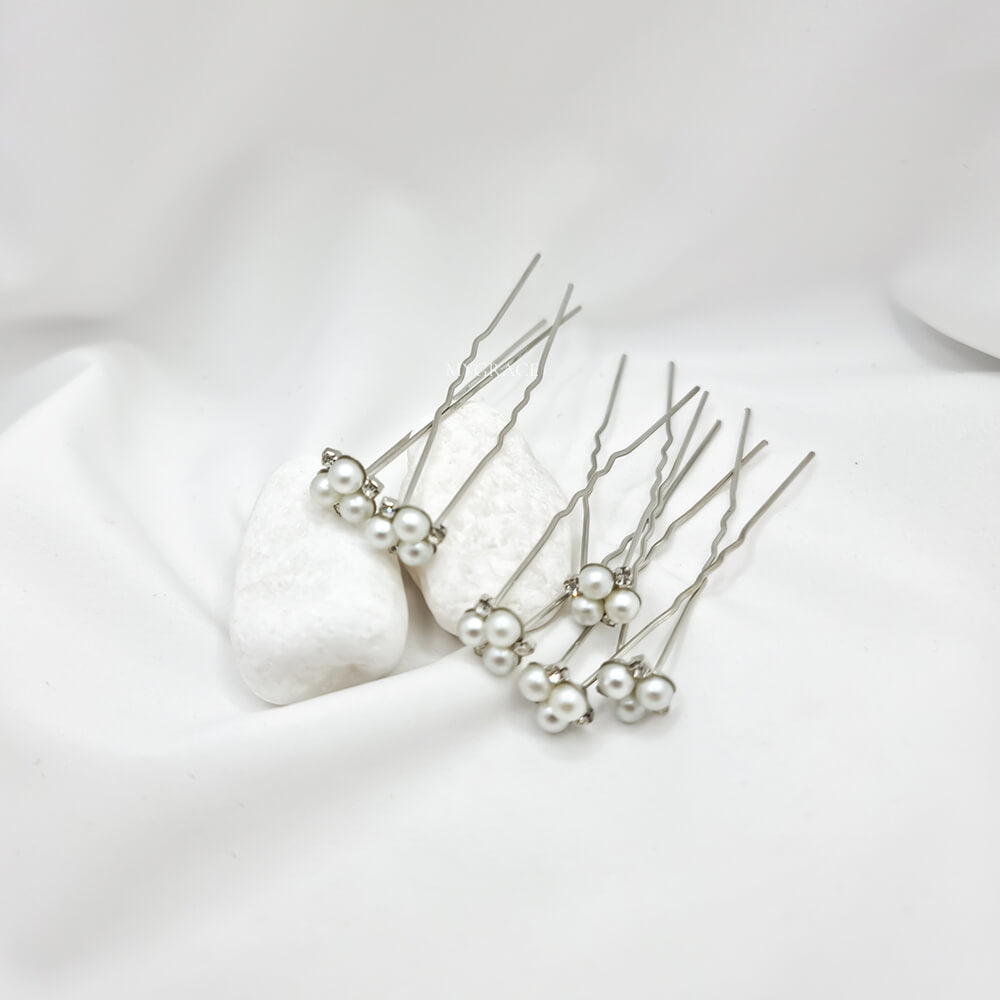 Accesoriu păr mireasă ”Be pure”, alb/argintiu, tip ac de păr, decorat cu perluțe (set 6 buc.)