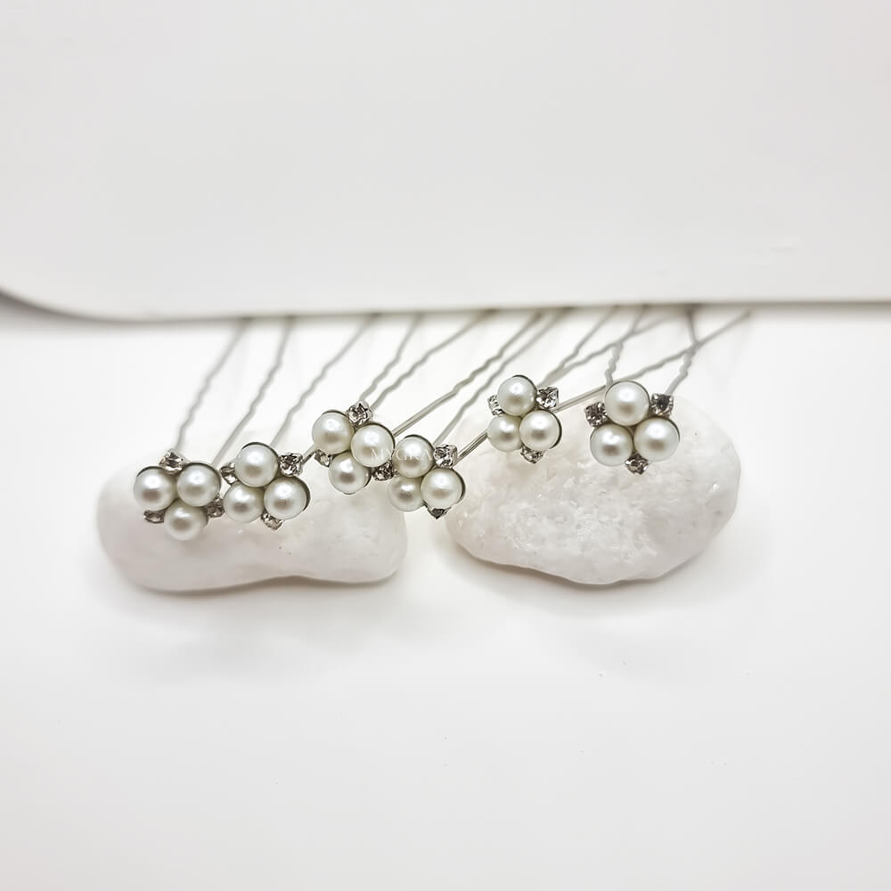 Accesoriu păr mireasă ”Be pure”, alb/argintiu, tip ac de păr, decorat cu perluțe (set 6 buc.)