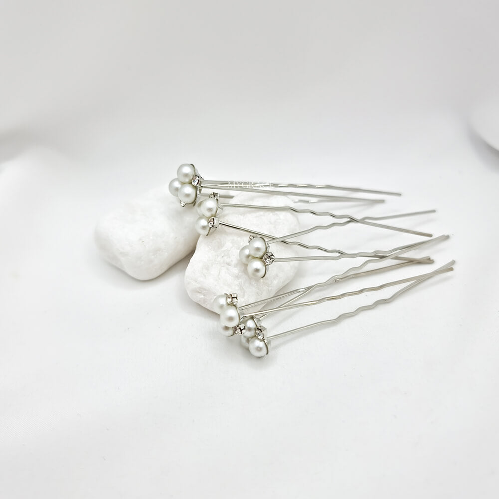 Accesoriu păr mireasă ”Be pure”, alb/argintiu, tip ac de păr, decorat cu perluțe (set 6 buc.)