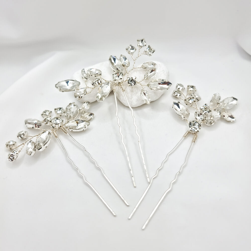 Accesoriu păr mireasă ”Be strong”, argintiu, tip ac de păr, decorat cu pietricele (set 3 buc.)