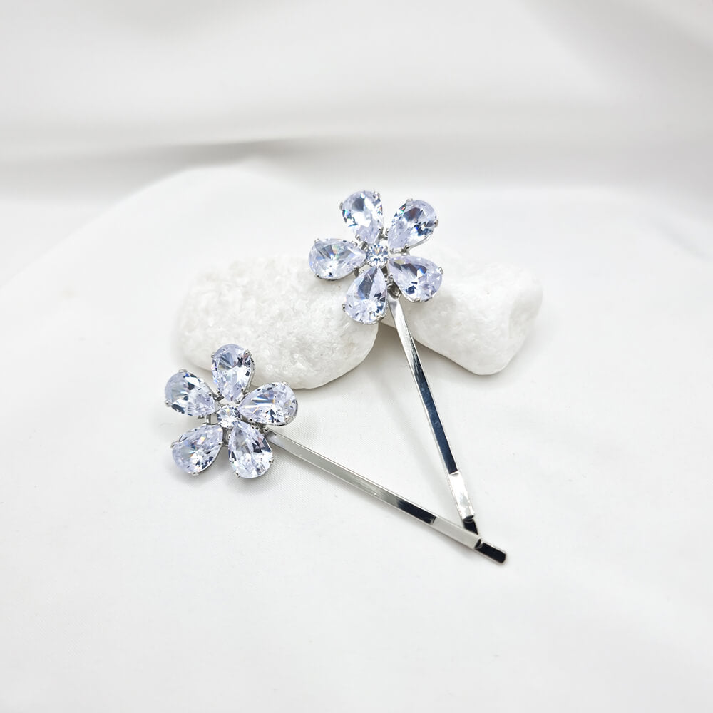 Agrafe păr metalice, argintii, decorate cu zirconiu, model floare, mireasă (set 2 buc.)