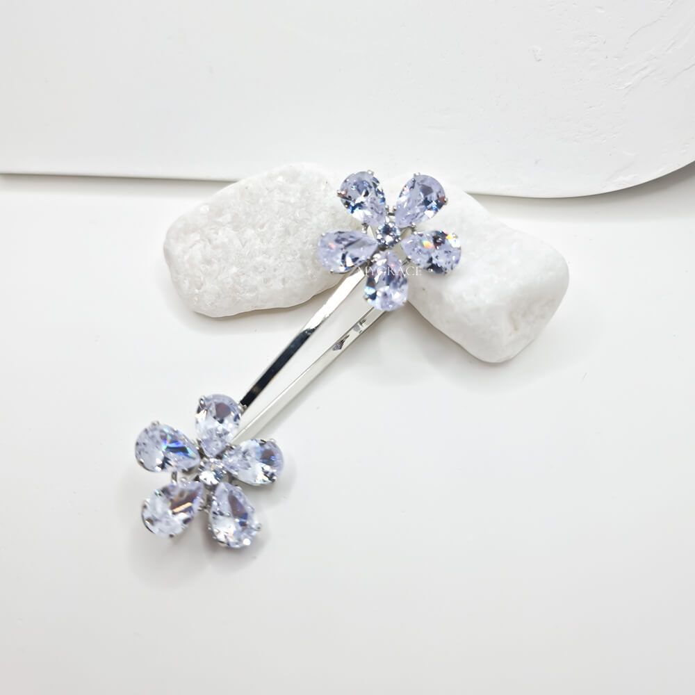 Agrafe păr metalice, argintii, decorate cu zirconiu, model floare, mireasă (set 2 buc.)