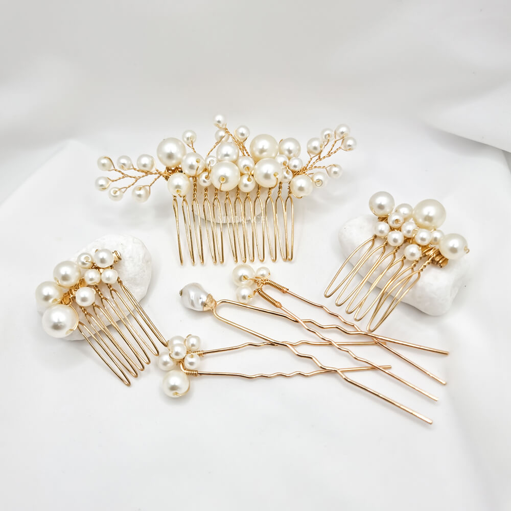 Accesorii păr mireasă ”Be pure”, ivoire/aurii, tip pieptăn/pin, decorate cu perle (set 6 buc.)