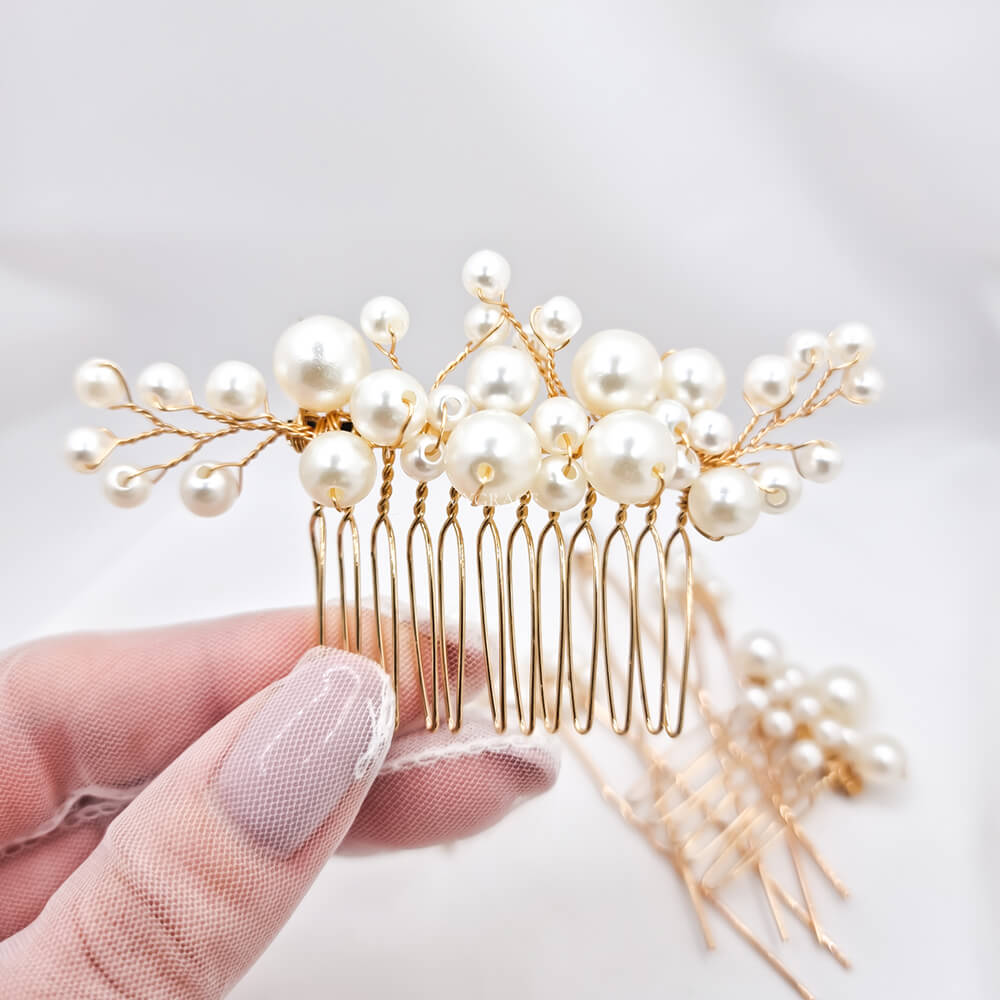 Accesorii păr mireasă ”Be pure”, ivoire/aurii, tip pieptăn/pin, decorate cu perle (set 6 buc.)