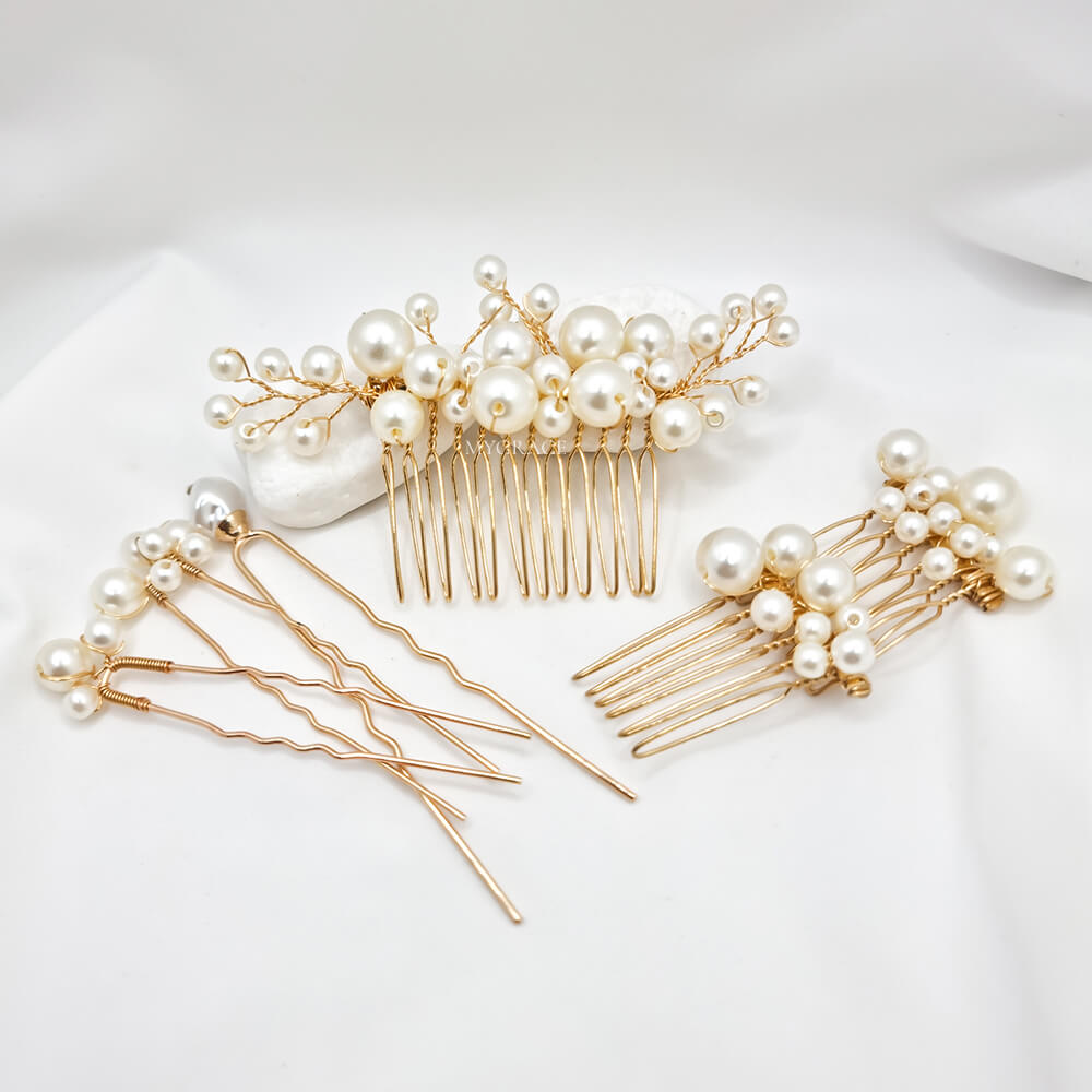 Accesorii păr mireasă ”Be pure”, ivoire/aurii, tip pieptăn/pin, decorate cu perle (set 6 buc.)