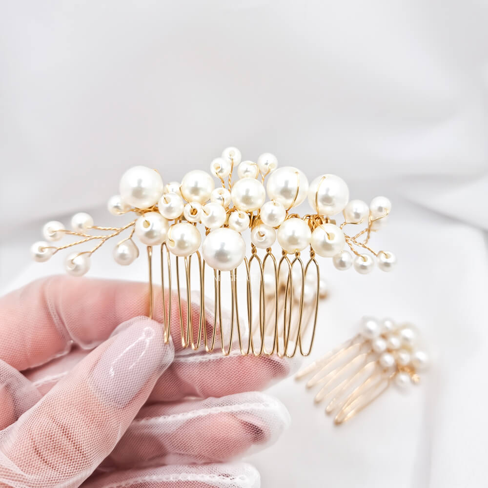 Accesorii păr mireasă ”Be pure”, ivoire/aurii, tip pieptăn, decorate cu perle (set 3 buc.)