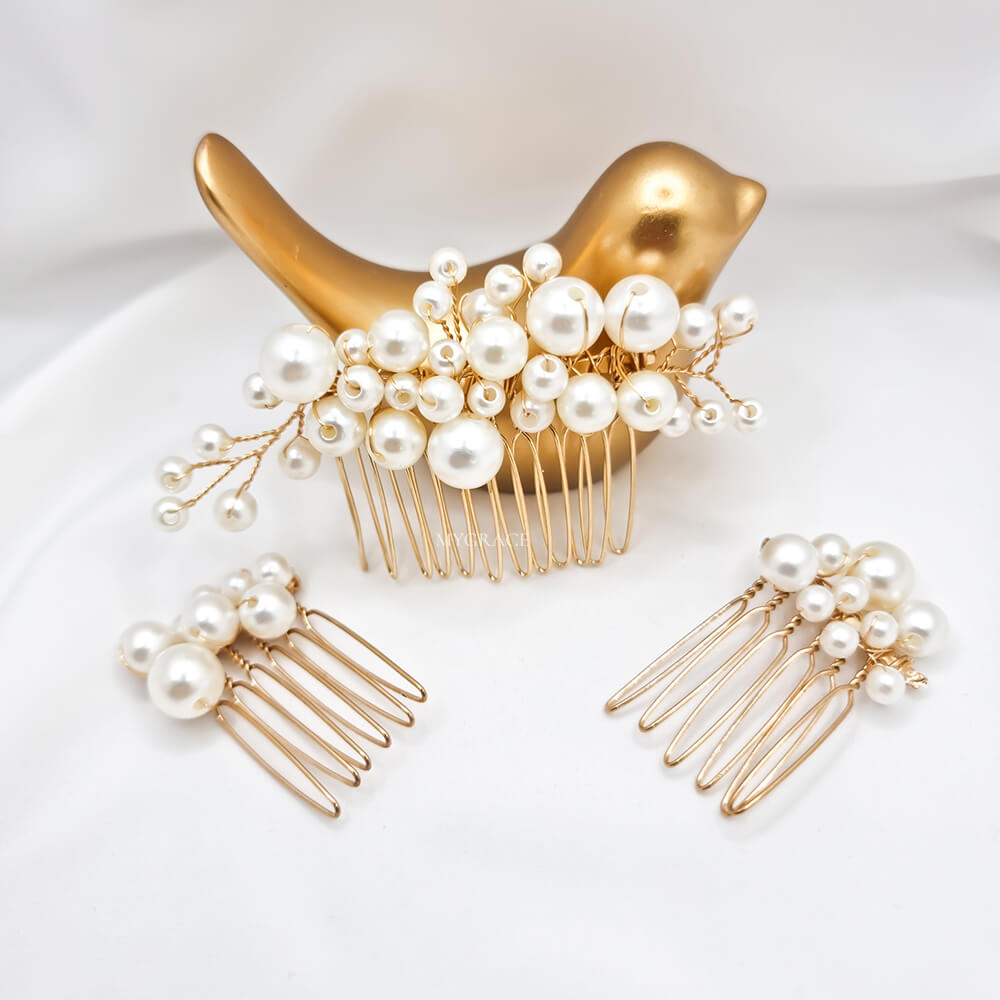 Accesorii păr mireasă ”Be pure”, ivoire/aurii, tip pieptăn, decorate cu perle (set 3 buc.)