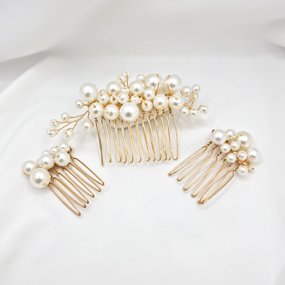 Accesorii păr mireasă ”Be pure”, ivoire/aurii, tip pieptăn, decorate cu perle (set 3 buc.)