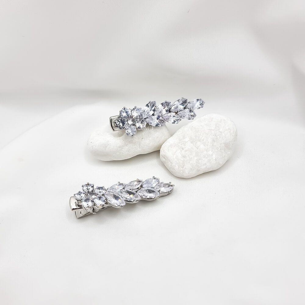 Agrafe păr metalice, argintii, decorate cu zirconiu, model frunze și floare, mireasă (set 2 buc.)