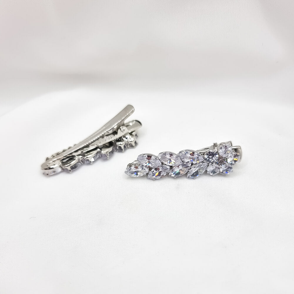 Agrafe păr metalice, argintii, decorate cu zirconiu, model frunze și floare, mireasă (set 2 buc.)