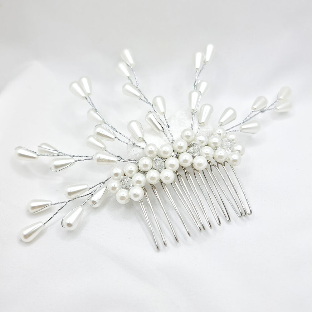 Accesoriu păr mireasă ”Be soft”, alb, tip pieptăn, decorat cu perle, model floral