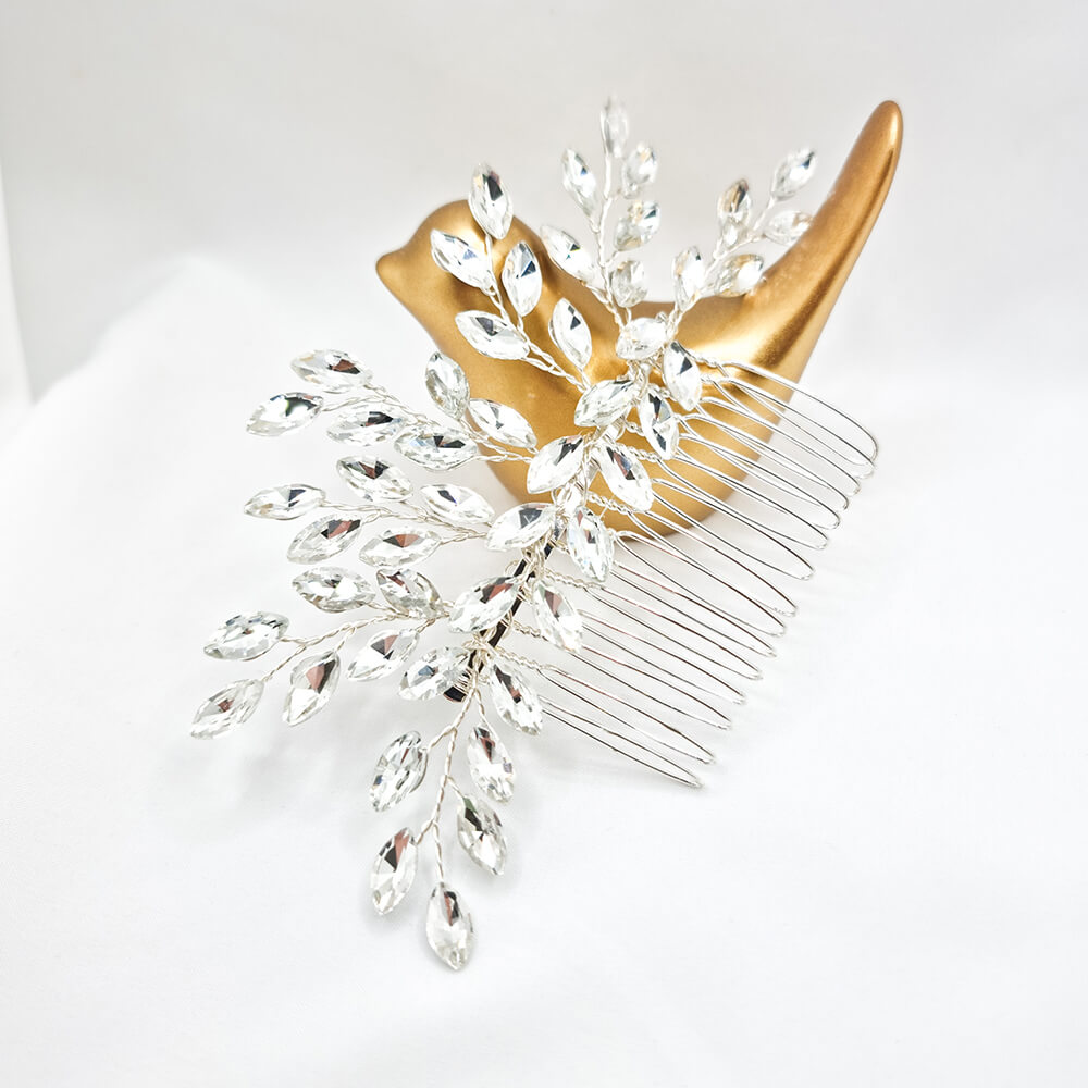 Accesoriu păr mireasă ”Be gorgeous”, argintiu, tip pieptăn, decorat cu cristale de sticlă, model frunze