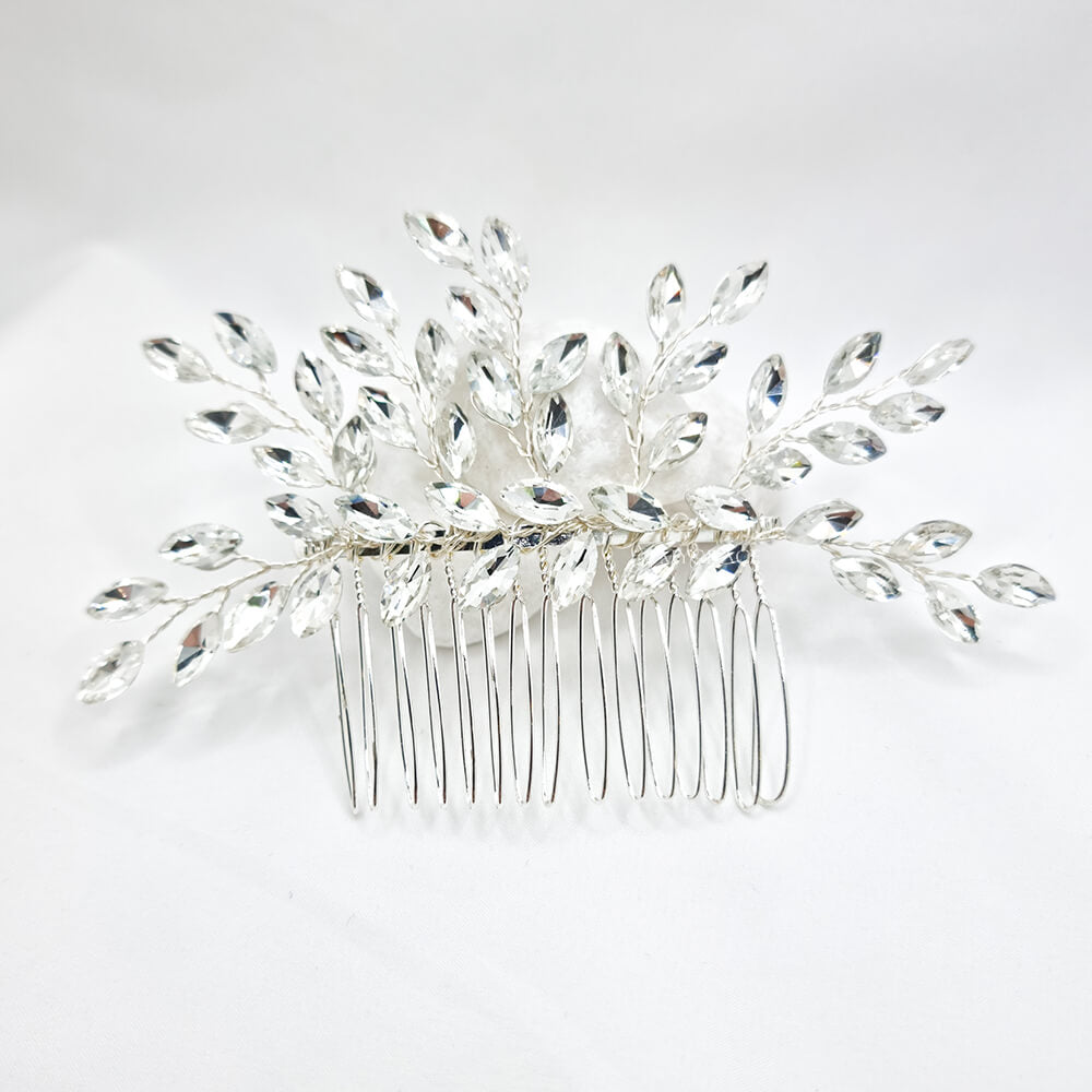 Accesoriu păr mireasă ”Be gorgeous”, argintiu, tip pieptăn, decorat cu cristale de sticlă, model frunze