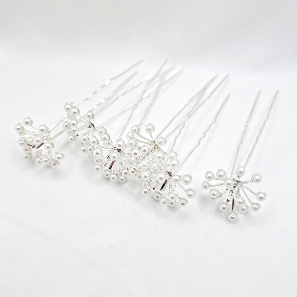 Accesoriu păr mireasă ”Be pure”, alb/argintiu, tip ace de păr, decorat cu perle, model floral (set 6 buc.)