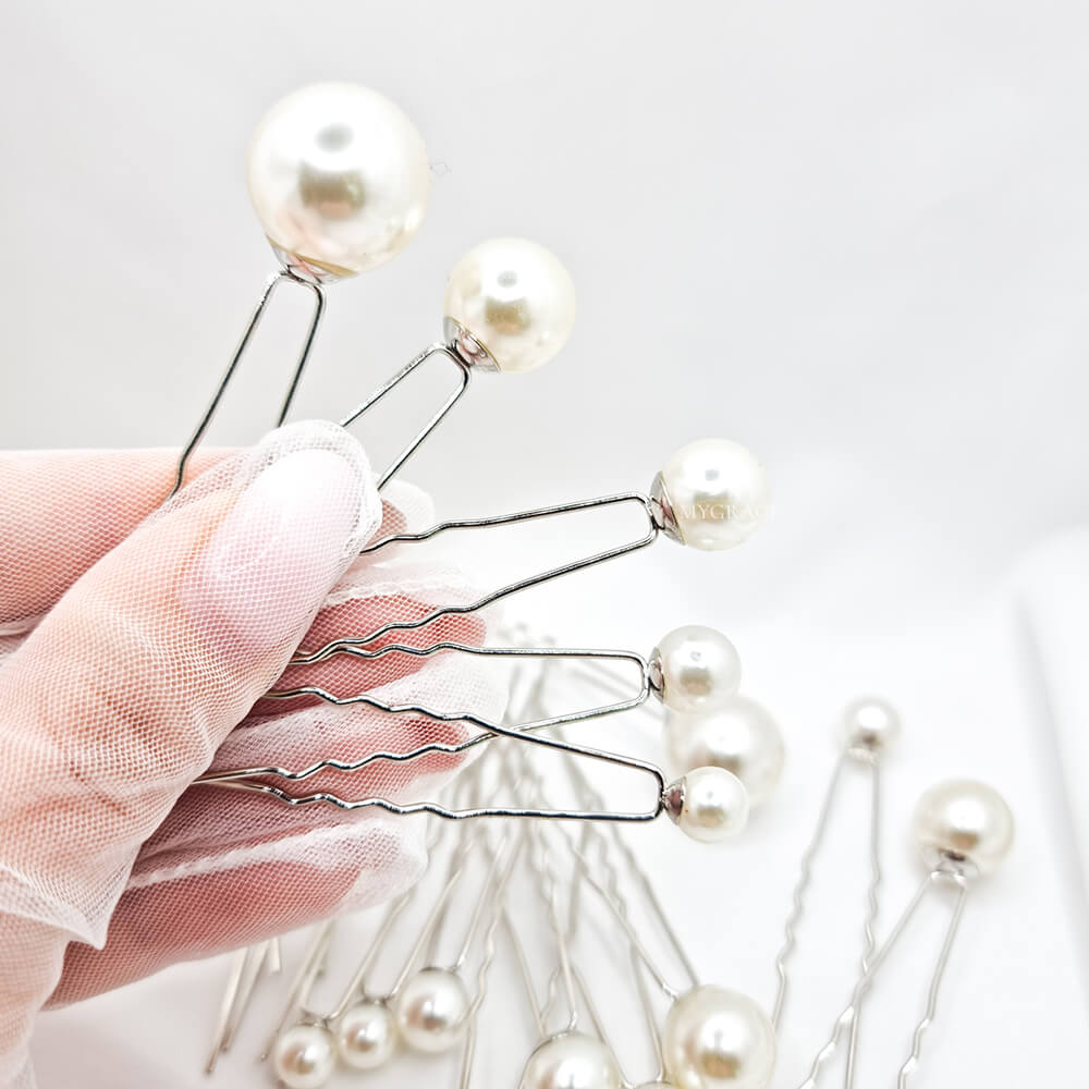 Accesoriu păr mireasă ”Be pure”, ivoire, tip ace de păr, decorat cu perle, diferite dimensiuni (set 18 buc.)