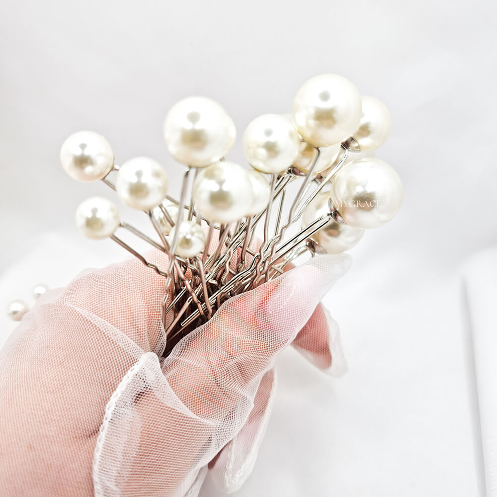 Accesoriu păr mireasă ”Be pure”, ivoire, tip ace de păr, decorat cu perle, diferite dimensiuni (set 18 buc.)