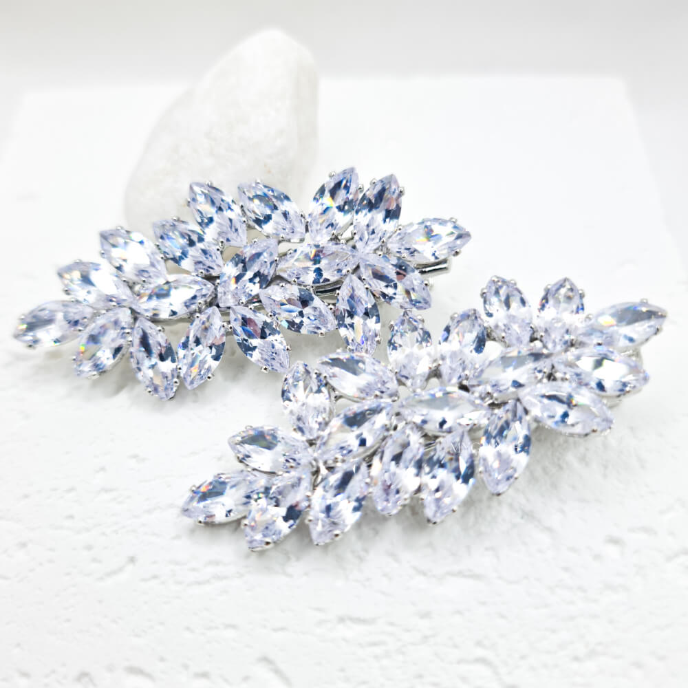 Agrafe păr metalice, argintii, decorate cu zirconiu, model floral, mireasă (set 2 buc.)