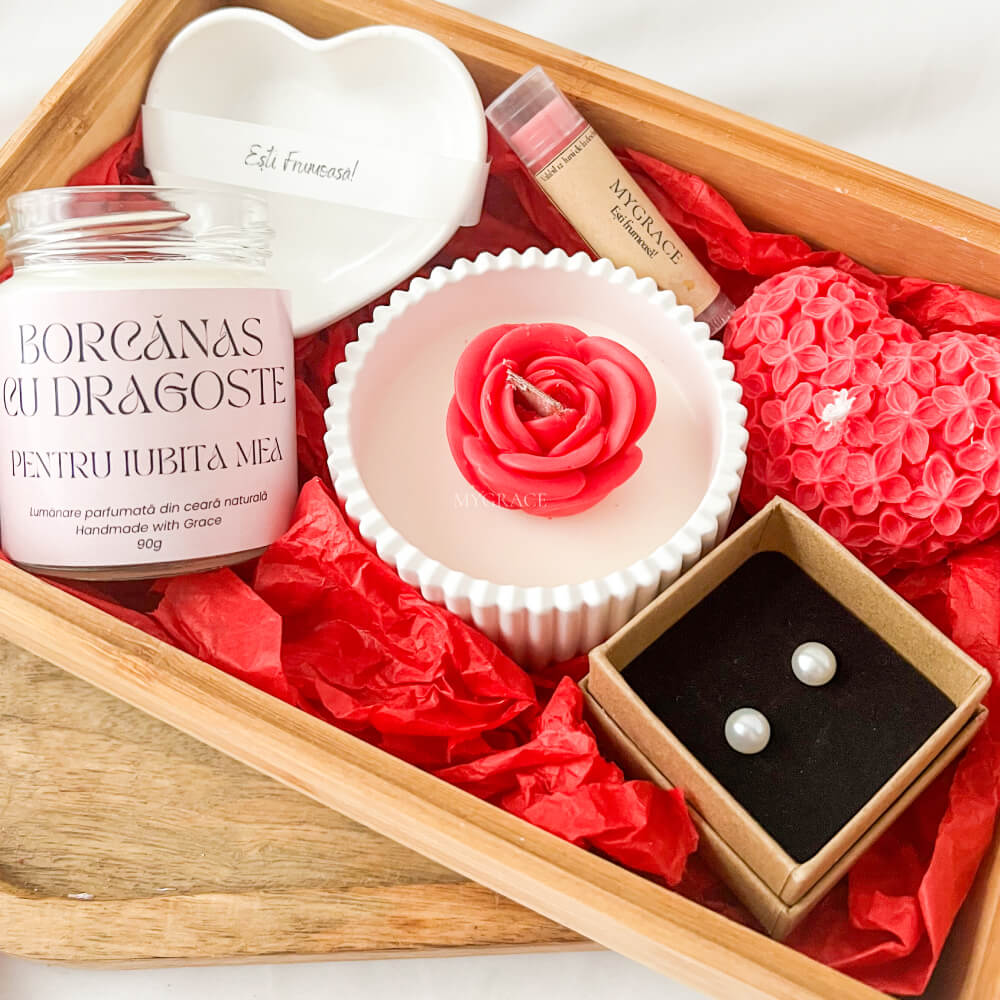 Cadou Valentine's Day - set cadou ”Borcănaș cu Dragoste pentru Iubita mea”, ambalare premium, personalizare borcănaș opțională