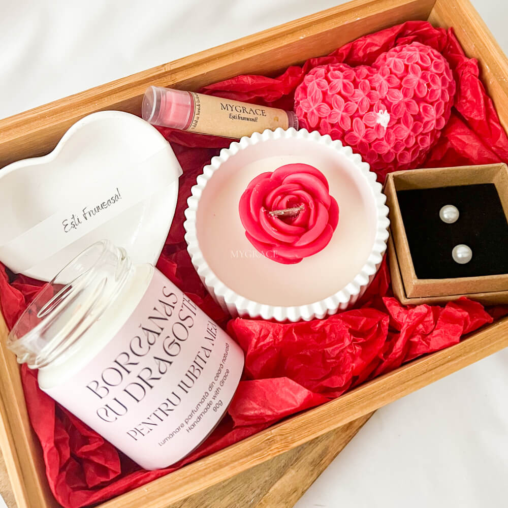Cadou Valentine's Day - set cadou ”Borcănaș cu Dragoste pentru Iubita mea”, ambalare premium, personalizare borcănaș opțională