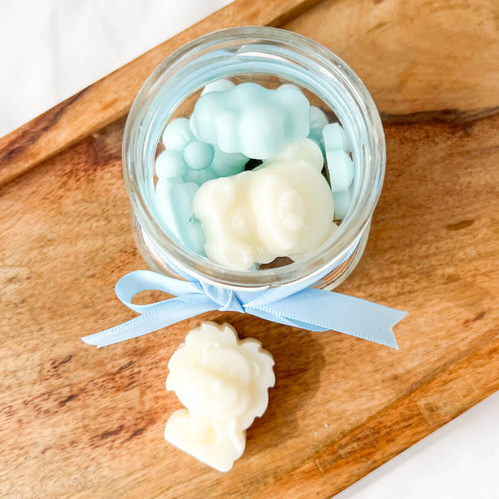 Mărturii botez băiat - Borcănaș cu ceară parfumată, diverse sortimente (wax melts ceară soia pură)