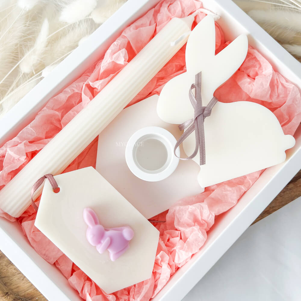 Cadou Paște - set lumânare sfeșnic, suport ceramic lumânare, tabletă parfumată și lumânare iepuraș
