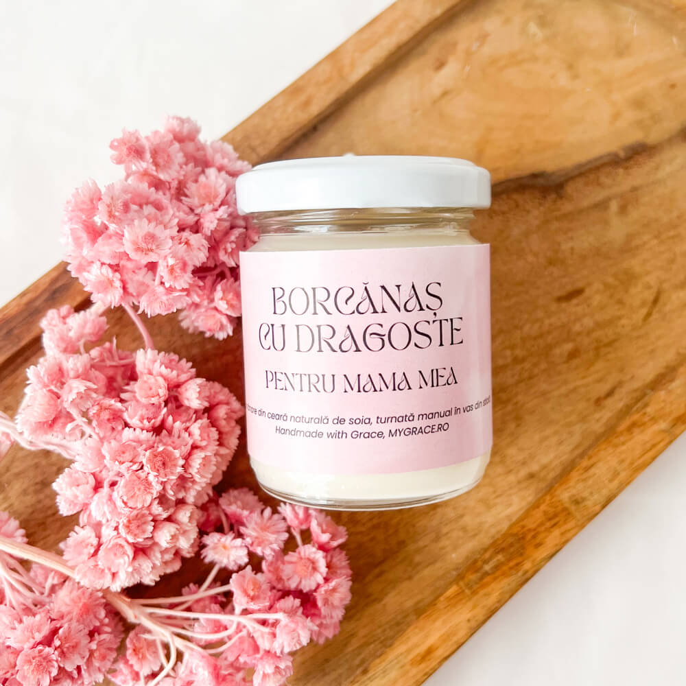 Borcănaș cu Dragoste pentru Mama mea - Lumânare parfumată ceară soia, borcănaș sticlă