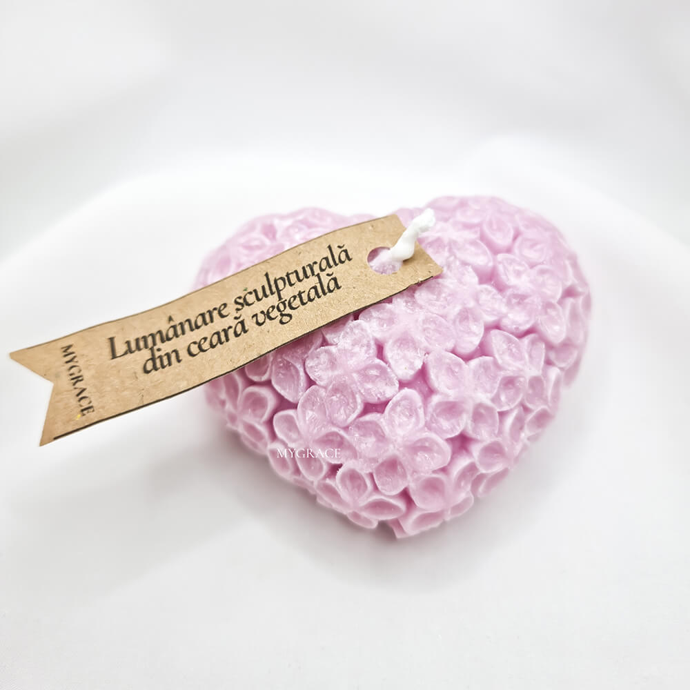 Lumânare parfumată ceară palmier, model inimioară mov deschis