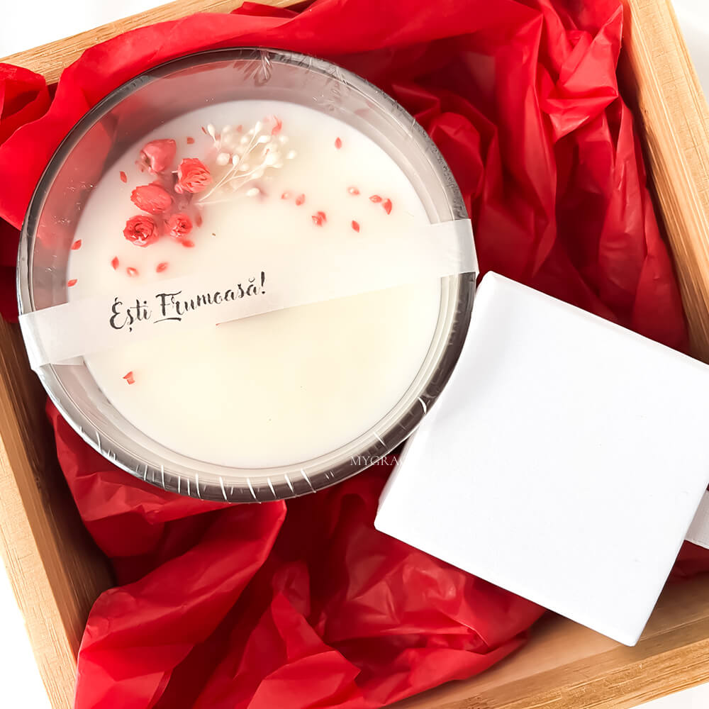 “You Are Beautiful” Gift Set – includes 1 pair of 925 sterling silver earrings with cultured pearls and 1 soy wax candle in a glass jar decorated with red flowers.