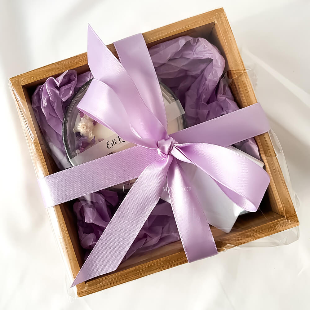 “You Are Beautiful” Gift Set – includes 1 pair of 925 sterling silver earrings with cultured pearls and 1 soy wax candle in a glass jar decorated with puple flowers.